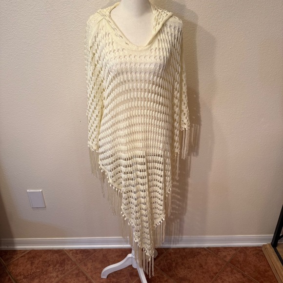 Unbranded Sweaters - Boho Beachy Fringe Hooded Crochet Poncho Women OS Butter Yellow Knit